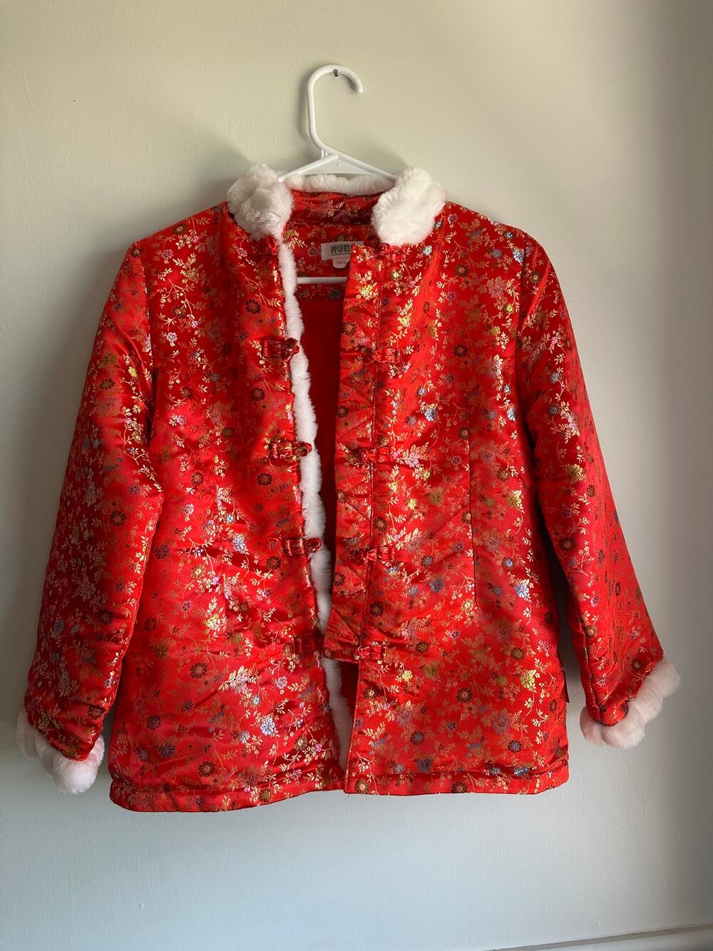 Kids Chinese Tang Jacket Size 8/10 Red Gold Silk Brocade Faux Fur Trim
